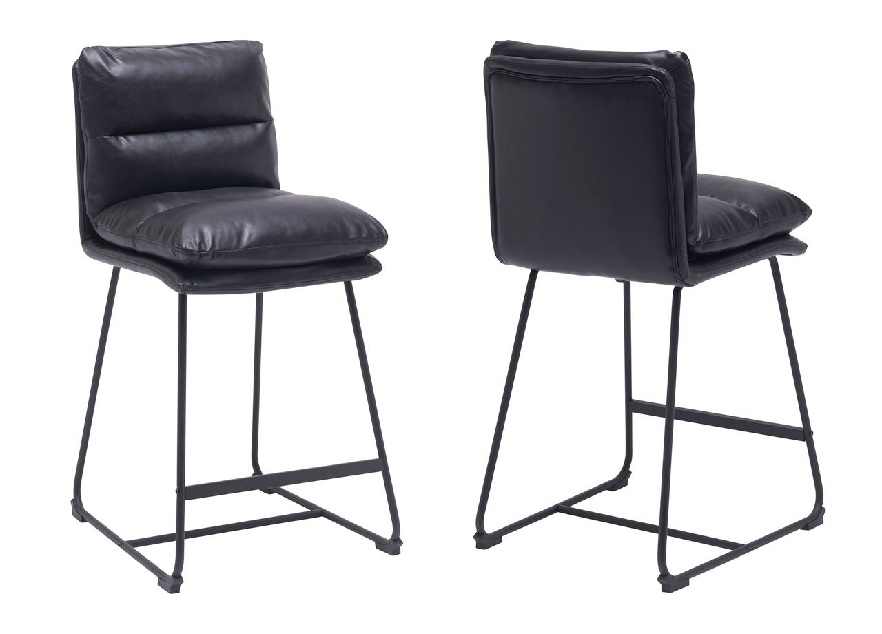 Black Upholstered 26-inch Counter Height Stools Vegan Leather (Set Of 2)