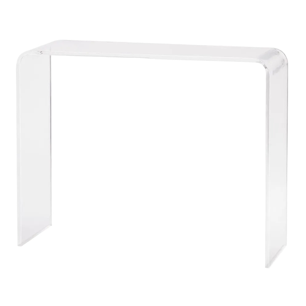 Clear acrylic console table on a white background