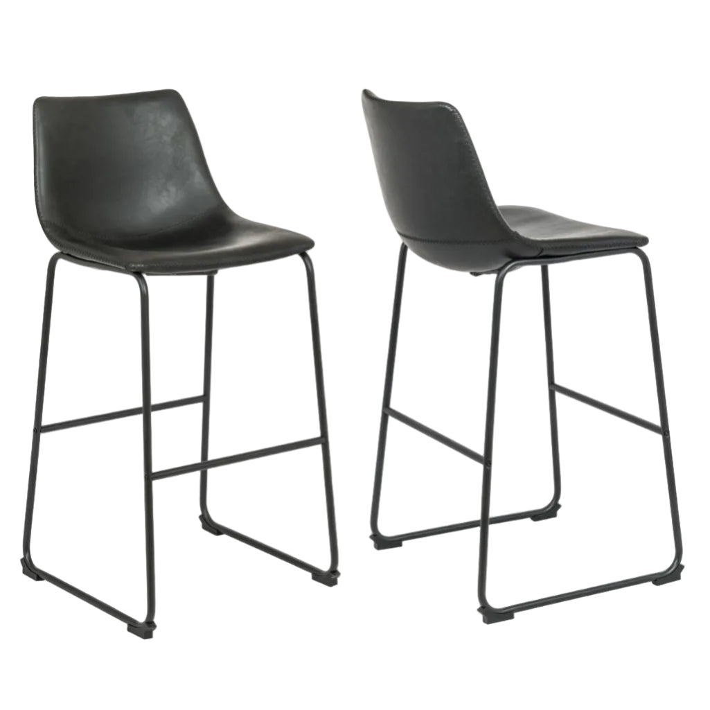 Two black bar stools with black metal legs on a white background