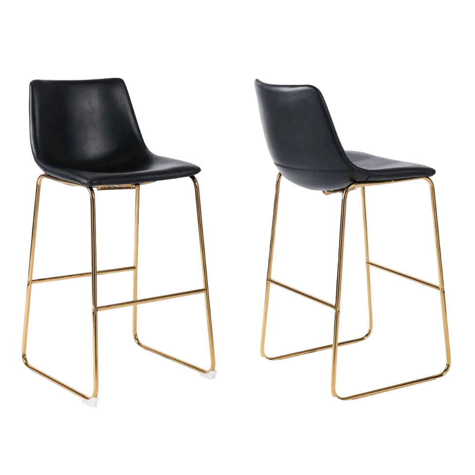 Two black bar stools with gold metal legs on a white background