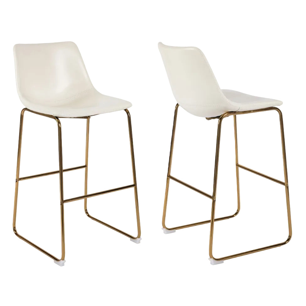 Two white bar stools with gold metal legs on a white background
