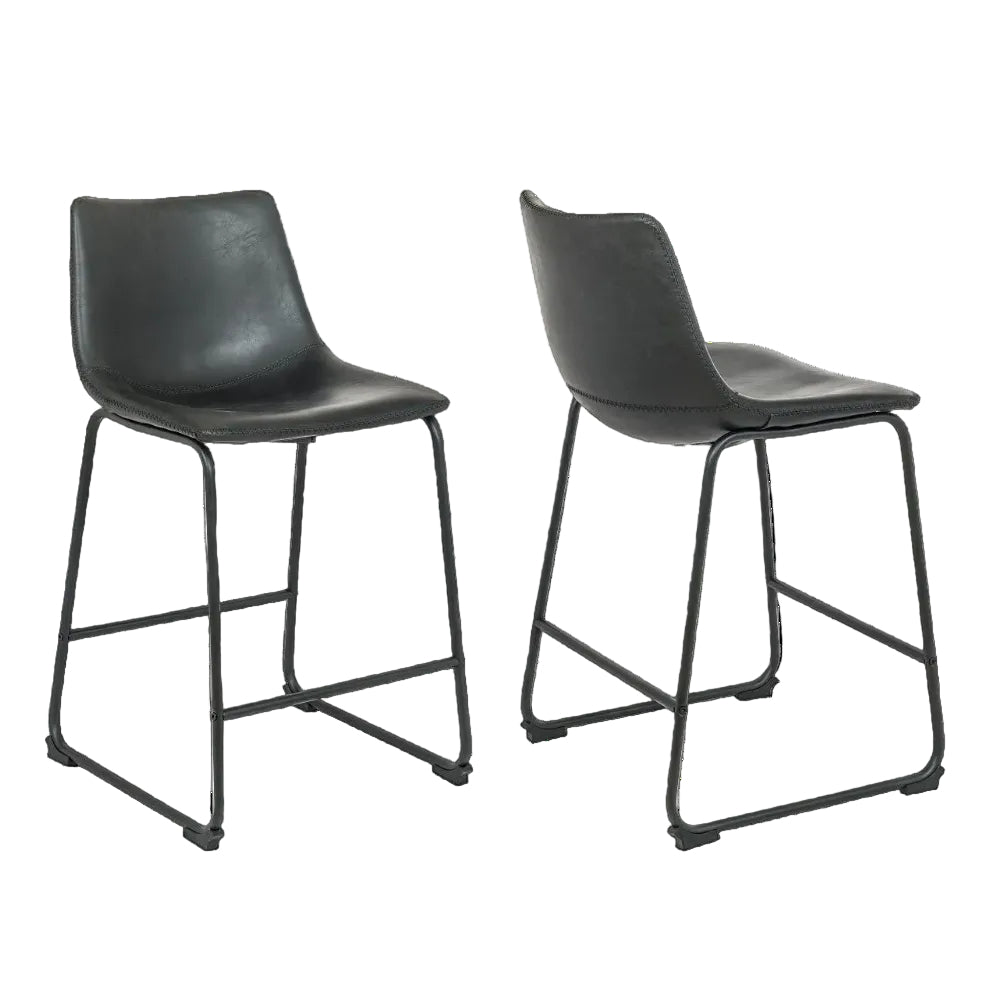 Two black counter stools with metal legs on a white background