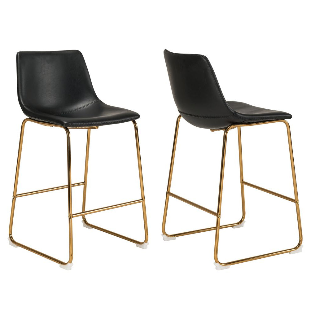 Two black counter stools with gold metal legs on a white background
