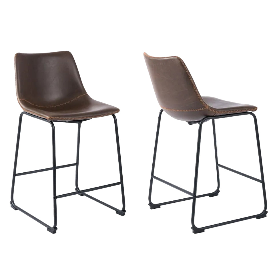 Two brown counter stools with black metal legs on a white background