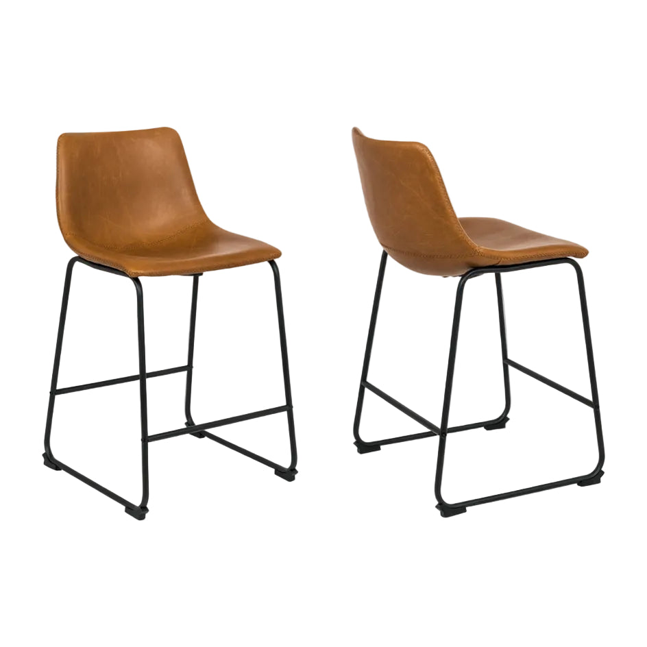 Two tan counter stools with black metal legs on a white background