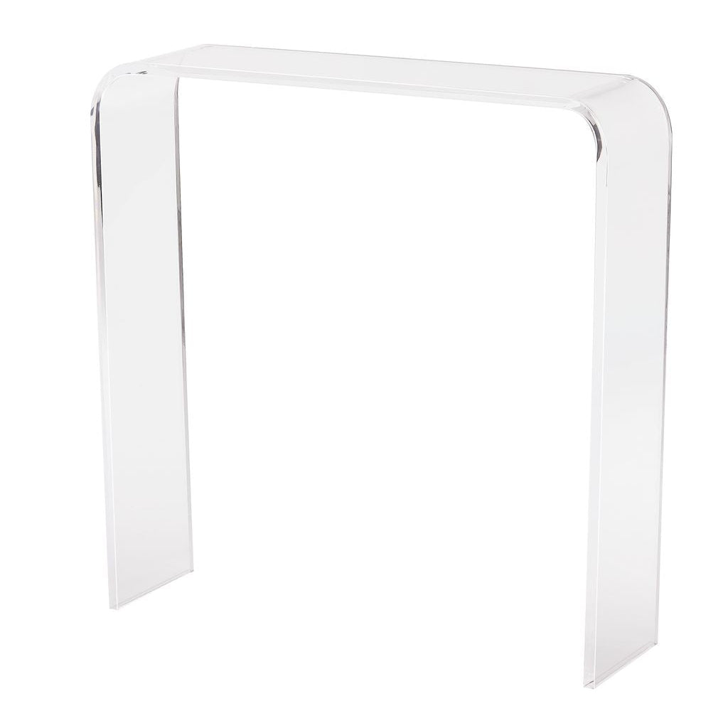 Clear acrylic console table on a white background